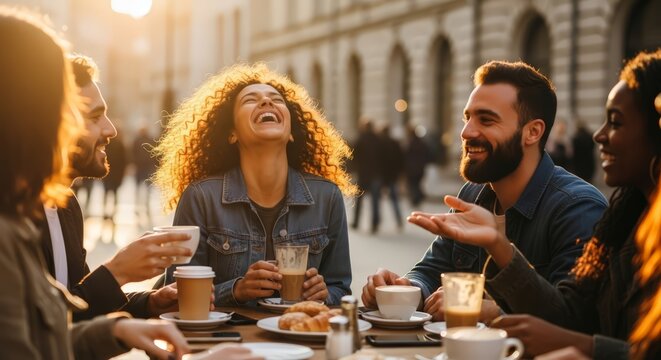 Joyful friends laughing and sharing coffee outdoors on a sunny day, creating vibrant memories.