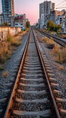 Naklejka premium Railway Tracks Lead to City Skyline at Dusk With Glowing Lights.