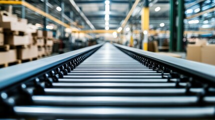 Fototapeta premium Close-up view of a conveyor belt system in a warehouse.