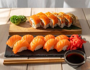 AI-generated illustration of sushi assortment with salmon nigiri and rolls on wooden boards