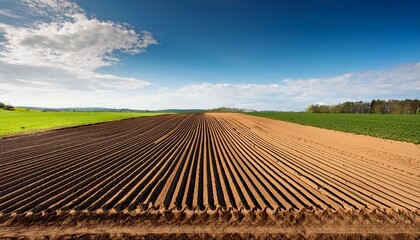 neat plowed potato rows in a spring field basking in warm sunny daylight rural farmland captured at sunny day with blue sky