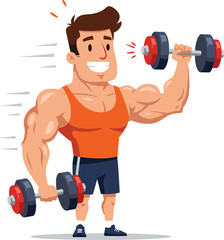 Strong cartoon man lifting dumbbells in gym, muscular fitness athlete character doing weight training workout, vector illustration design © Shuvo's World