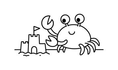 Fototapeta premium Playful crab with sandcastle on beach in outline style for children's coloring books