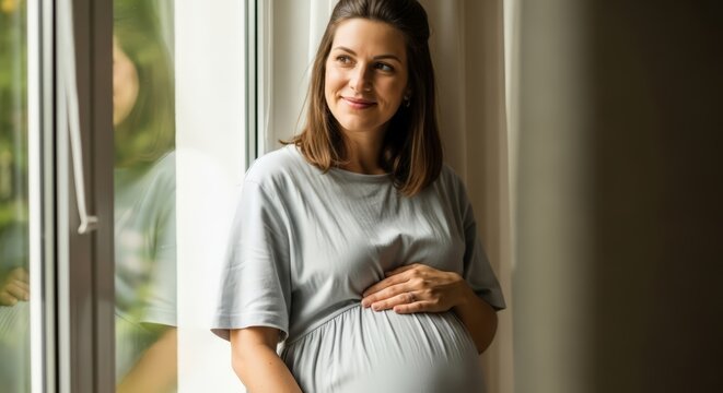 Serene pregnant woman cradling belly by window, anticipating new life and future joy - Powered by Adobe