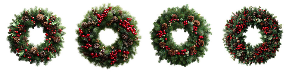 Fototapeta premium Set of Traditional Christmas wreath with red berries and pinecones, isolated on transparent background.