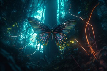 A giant butterfly made of light, flying through a neon jungle, surreal beauty 