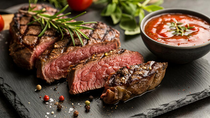 Juicy grilled steak with rosemary and peppercorns beside bowl of red sauce on a dark slate