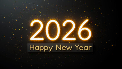 Elegant glowing golden 2026 Happy New Year design with sparkling lights and glitter on dark background for festive celebration concepts.
