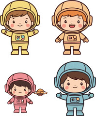 Adorable cartoon kids in colorful astronaut suits, happy space explorers with planets, perfect for educational materials, children’s books, or science projects