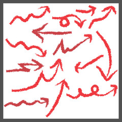 Bold brush hand drawn vector red arrows. Up, down, left and right directions. Different angles