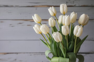Tulip Botanical Poster – White Spring Flowers with Green Leaves on Wooden Background, Elegant Rustic Wall Art, Nature Floral Digital Print for Home Decor
