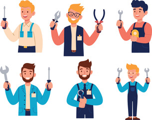 Cartoon mechanics holding tools, smiling workers in uniforms, flat vector illustrations of repairmen for workshop, auto service, engineering, or handyman content
