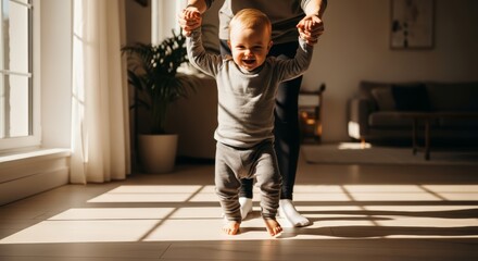 Joyful baby takes first steps learning to walk with parent's helping hands indoors