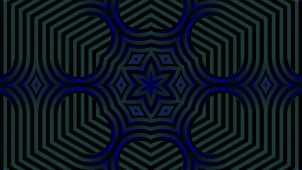 An abstract optical artwork exploring symmetry, rhythm, and illusion. The design centers on a star-shaped structure that radiates outward, surrounded by concentric waves and striped geometry. The deep