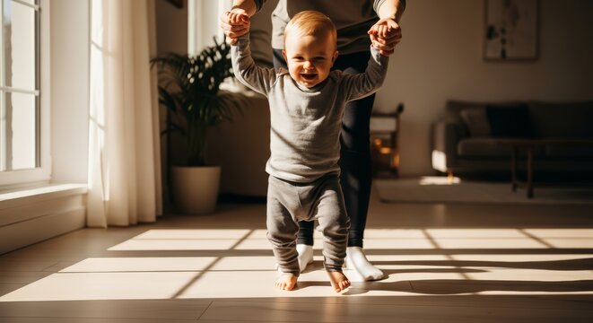 Joyful baby takes first steps learning to walk with parent's helping hands indoors - Powered by Adobe
