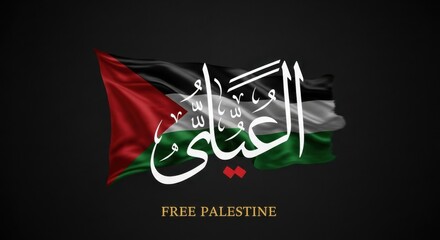 Palestinian flag waving with arabic calligraphy overlay and free palestine text below on a dark background