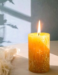 Golden candle, soft light, subtle shadows