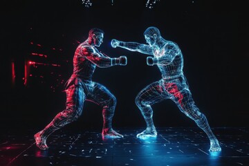 Virtual fighters engage in a dynamic combat simulation during a digital showcase event