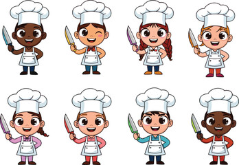 Cute cartoon kid chefs holding colorful knives, diverse children in chef hats and uniforms, culinary illustration for cooking, kitchen, food education designs