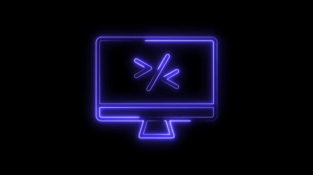 Glowing computer display symbolizing programming with neon style animation on black background