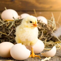Yellow chick near eggs in straw nest