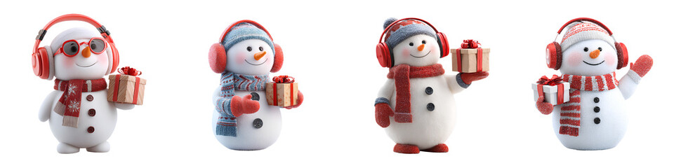 Set of Cute 3D snowman with earmuffs and gift box, isolated on transparent background.