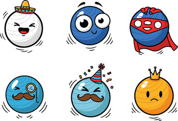 Funny cartoon ball characters with accessories, expressive face icons, playful vector emotions, cute bouncing design set, celebration, superhero, king, party theme