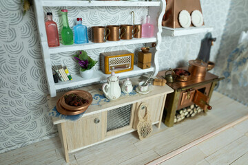 retro-style miniature dollhouse scale kitchen roombox with handcrafted furniture, dishes and utensils, miniature enthusiasts