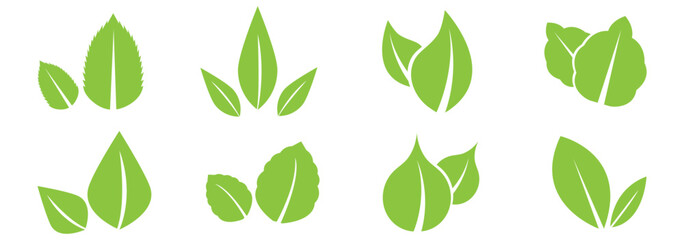 Leaf sprout icon vector set, green leaves plant eco logo symbol simple graphic illustration set, vegan fresh herb pictogram shape sign, organic natural healthy logotype. Leaves vector icon set. EPS 10