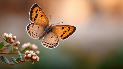 Obraz premium Butterfly in mid-flight over forest flowers in warm light for nature and wildlife design