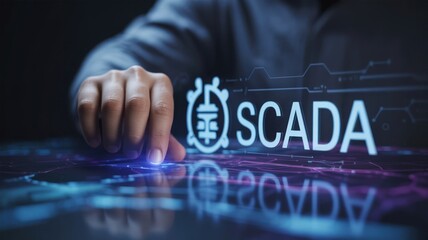 Scada system control interface technology hand interacting with digital data flow monitoring