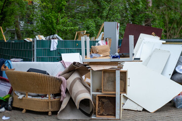 bulky waste reduction, large pile discarded furniture and wooden panels, renovation or decluttering process, used things on street, problem shredding garbage, diverted for recycling, pollution nature