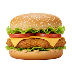 A delicious fried chicken burger from a fast-food restaurant, isolated on white or transparent background. PNG, perfect for themes of quick meals, comfort food, and modern dining