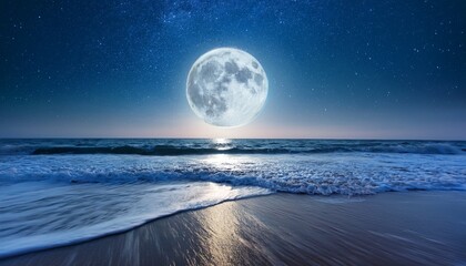 illuminating full moon over calm ocean waves under starry night sky at serene beach
