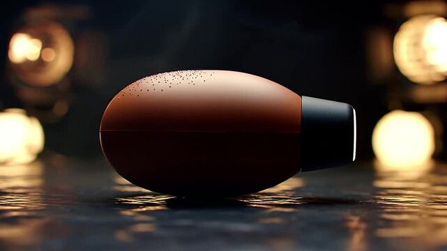 A brown eggshaped object with dark speckles sits on a shiny surface illuminated by blurry background lights - Powered by Adobe