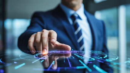 Businessman interacting with futuristic digital interface in modern office setting