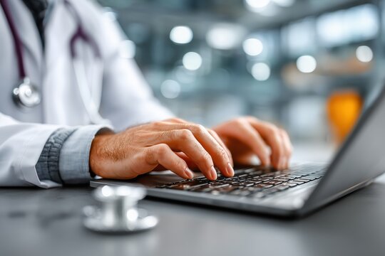 Medical professional typing patient information healthcare facility magazine photography modern environment close-up view digital record keeping