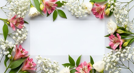 Floral Frame with Pink Alstroemeria and White Gypsophila.