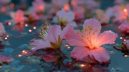 Glowing Pink Flowers Floating on Water at Night