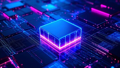 Abstract futuristic circuit board with glowing cube