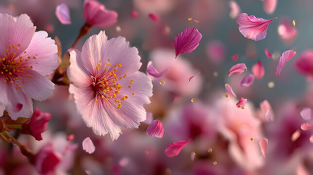 Falling Pink Petals and Flowers Soft Focus Abstract Background - Powered by Adobe