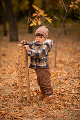 Naklejka premium Happy child standing in an autumn park. autumn concept, autumn mood