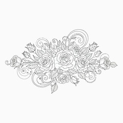 Vector art of a decorative line drawing of a rose bouquet with swirls