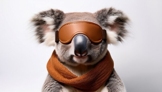 a koala wearing a brown sleeping mask and scarf with a calm expression against a white background