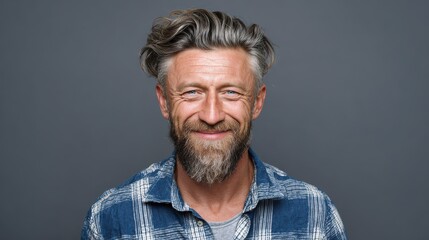Obraz premium handsome middle aged man portrait cheerful guy smiles at camera against gray background confident male with beard and grey hair wears casual shirt positive emotion friendly face expression