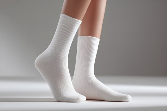 Elegant female leg wearing white socks studio setting product photography closeup minimalist environment fashion concept