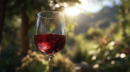 glass of red wine held against a vineyard backdrop symbolizing winemaking and tasting