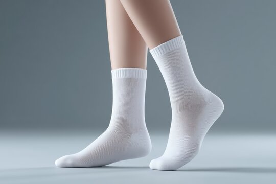 Elegant female leg in white socks studio setting product photography minimalist background close-up view fashion concept
