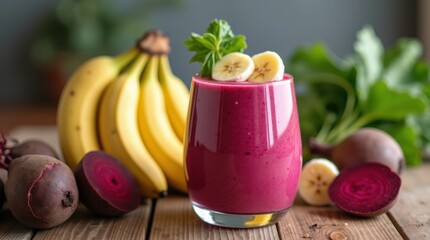 Velvety beetroot-banana smoothie in a rustic kitchen scene, ripe bananas and whole beets surrounding a glowing pink glass under soft daylight

