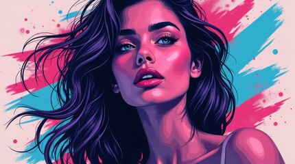Fototapeta premium A stunning beautiful woman in vibrant neon street art style with flowing hair and confident expression. Bold outlines, high contrast, perfect for T-shirt printing.